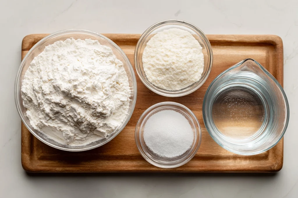 Ingredients for homemade baguette arranged neatly on a kitchen counter