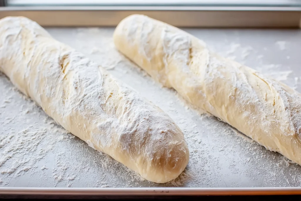Shaped homemade baguette dough proofing on a baking sheet