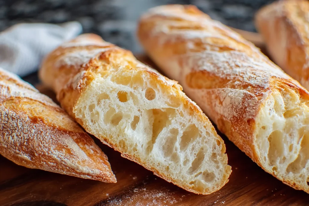 Sliced homemade baguette showing airy crumb texture