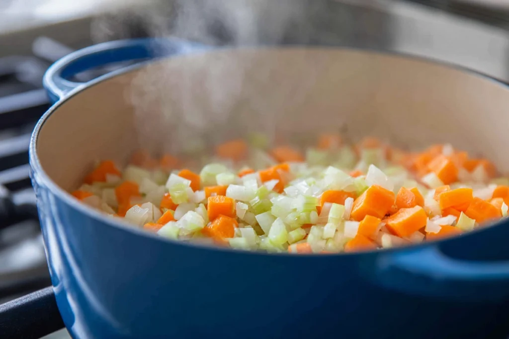 Vegetables softening in butter for Homestyle Chicken Noodle Soup