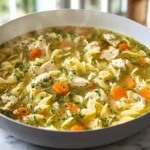 Homestyle Chicken Noodle Soup served warm in a bowl with noodles and herbs