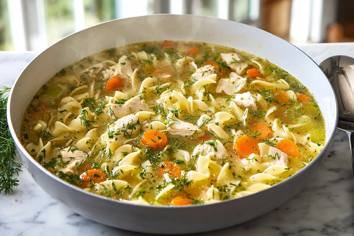 Homestyle Chicken Noodle Soup served warm in a bowl with noodles and herbs