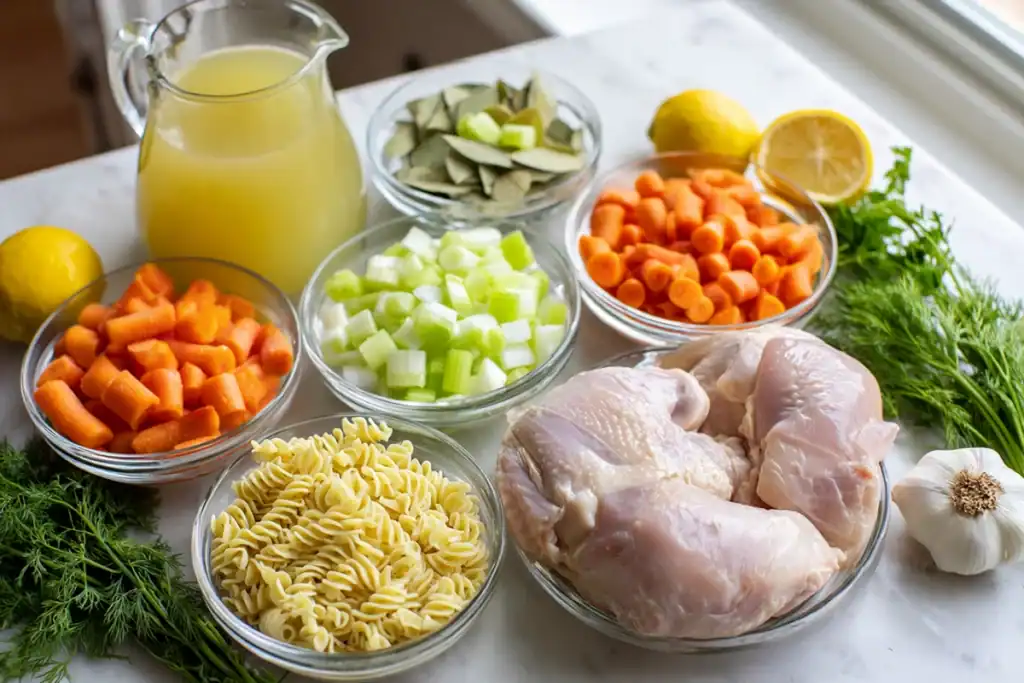 Ingredients for Homestyle Chicken Noodle Soup arranged on a kitchen counter