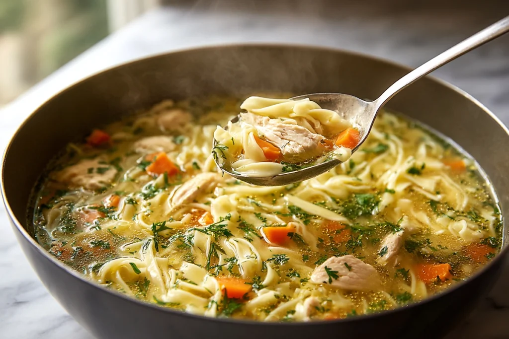 Spoonful of Homestyle Chicken Noodle Soup with noodles and chicken