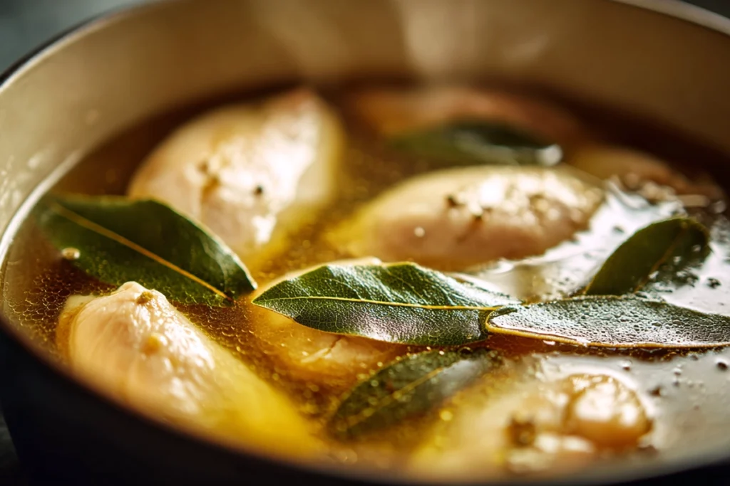 Chicken simmering in broth for Homestyle Chicken Noodle Soup