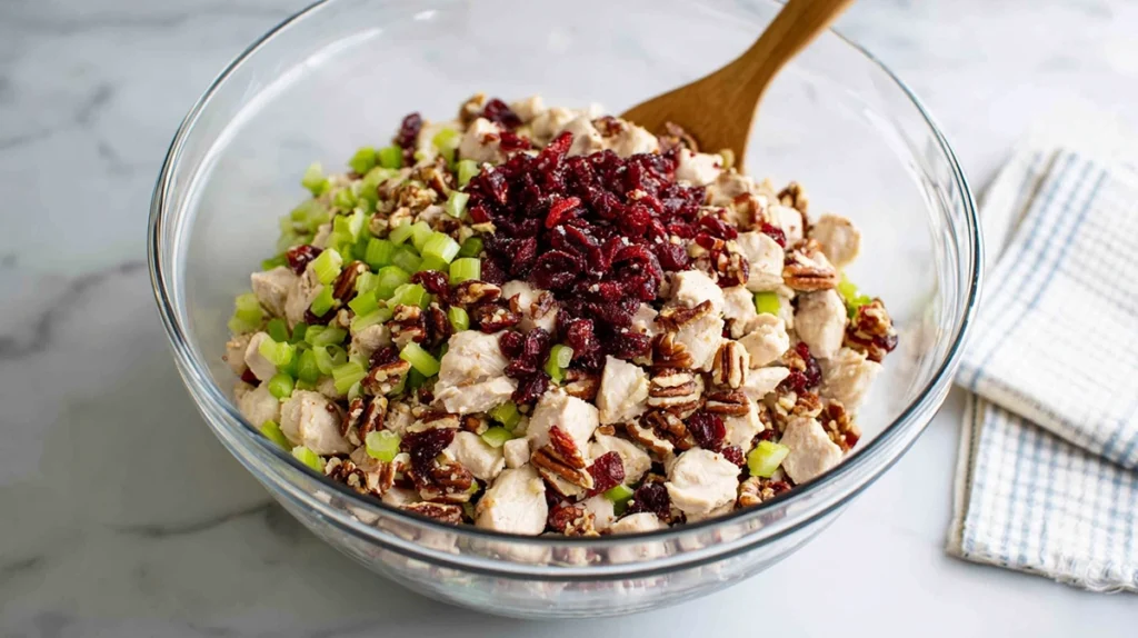 Mixing chicken, cranberries, and pecans for cranberry pecan chicken salad
