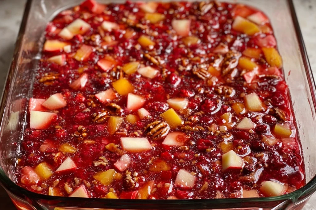 Mixing fruit into Cranberry Jello Salad before chilling