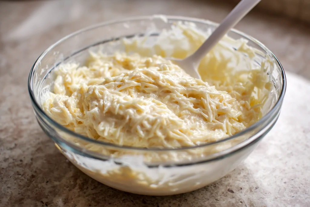 Mixing creamy potatoes for Hashbrown Casserole in a glass bowl