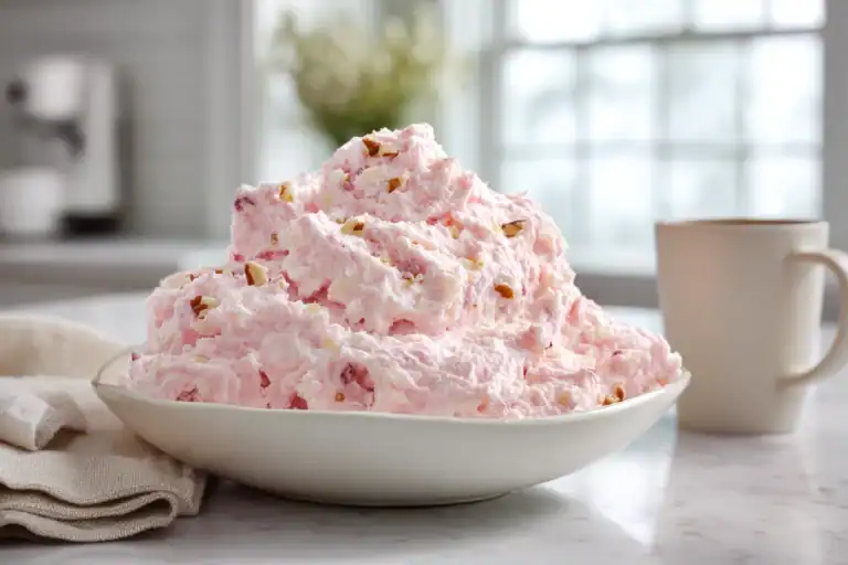 Pink Lady Salad served in a white bowl with fluffy pink texture and pecans