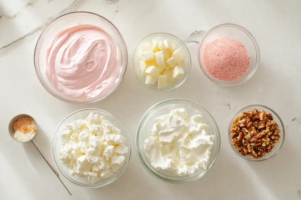 Pink Lady Salad ingredients laid out including Cool Whip pineapple and strawberry jello