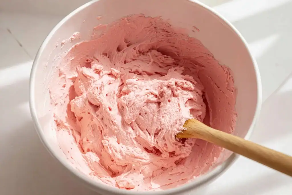 Pink Lady Salad being gently mixed showing fluffy pink texture