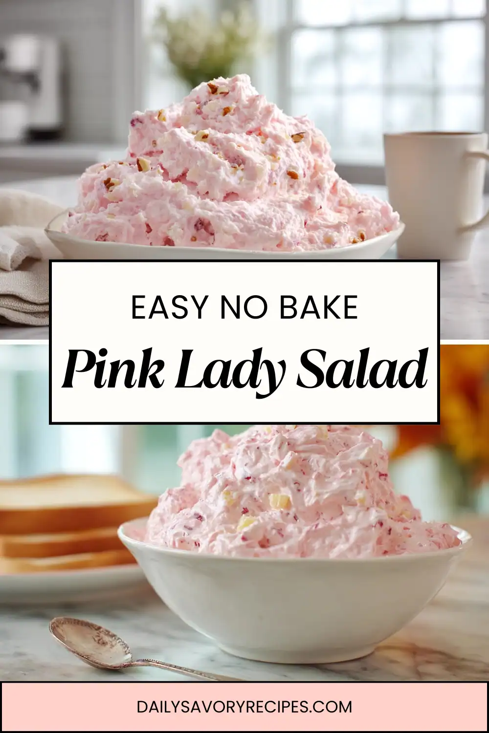 Pink Lady Salad vintage jello salad with pineapple cottage cheese and Cool Whip, fluffy pink texture perfect for brunch or holidays