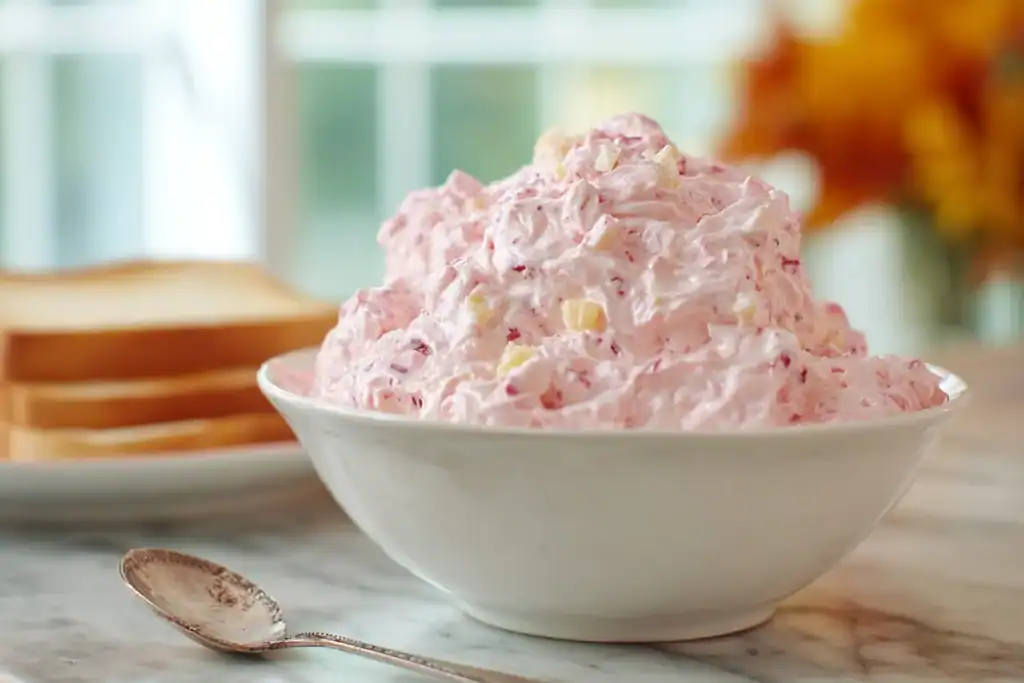 Inside texture of Pink Lady Salad showing fluffy pink consistency