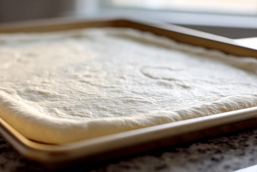 School Cafeteria Pizza dough pressed evenly into a greased sheet pan