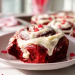 Red Velvet Cinnamon Rolls topped with cream cheese frosting on a kitchen counter