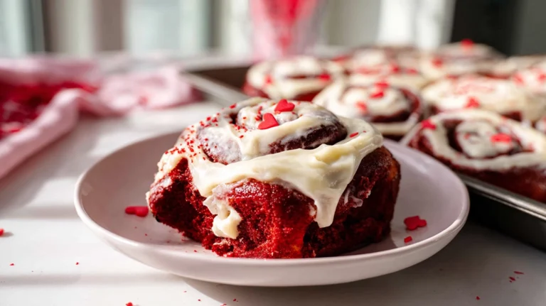 Red Velvet Cinnamon Rolls topped with cream cheese frosting on a kitchen counter