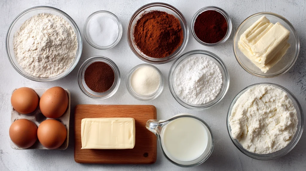 Ingredients for Red Velvet Cinnamon Rolls arranged overhead on a kitchen counter