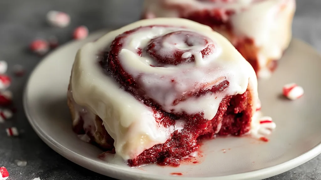 Warm Red Velvet Cinnamon Rolls served with cream cheese frosting