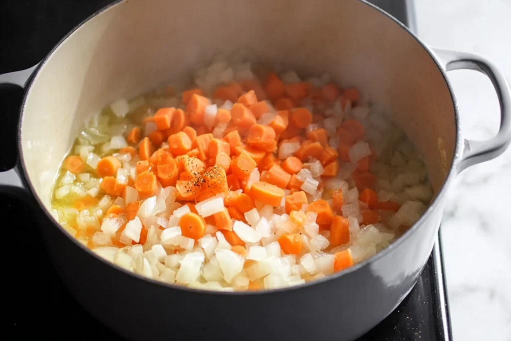 Sautéing onions and carrots while making Broccoli Potato Cheese Soup