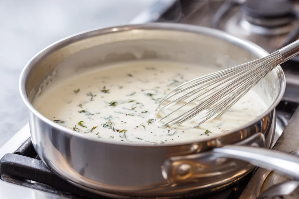 Cream sauce being cooked for Golden Creamy Scalloped Potatoes