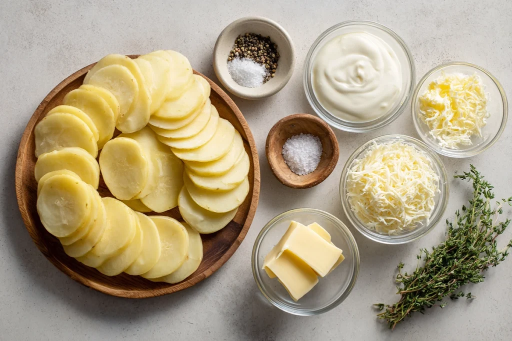 Ingredients for Golden Creamy Scalloped Potatoes arranged on a kitchen counter