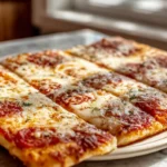 School Cafeteria Pizza served on a white plate with melted cheese and crisp edges