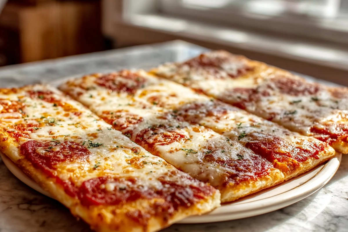 School Cafeteria Pizza served on a white plate with melted cheese and crisp edges