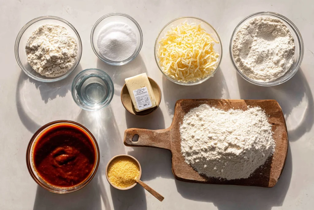 Ingredients for School Cafeteria Pizza arranged neatly on a kitchen counter