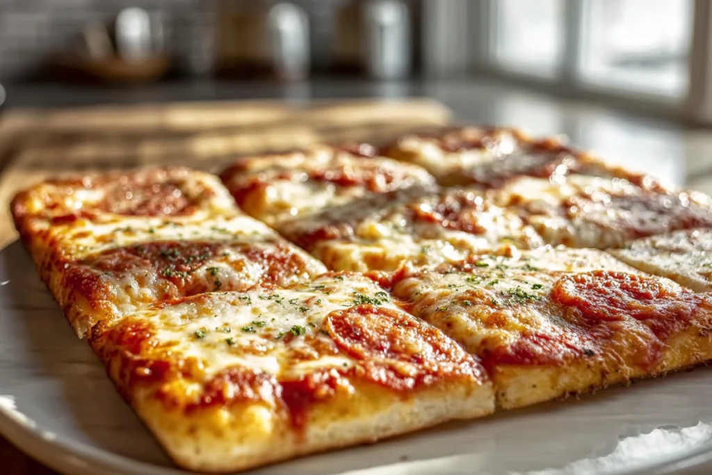 Warm slice of School Cafeteria Pizza showing soft crumb and melted cheese