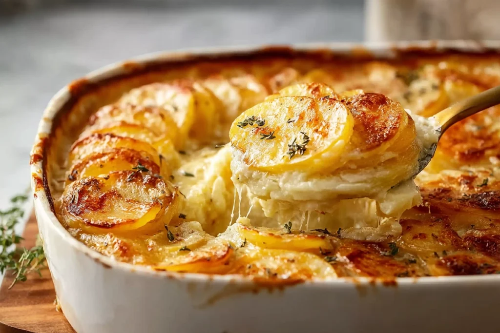 Served Golden Creamy Scalloped Potatoes with creamy layers visible