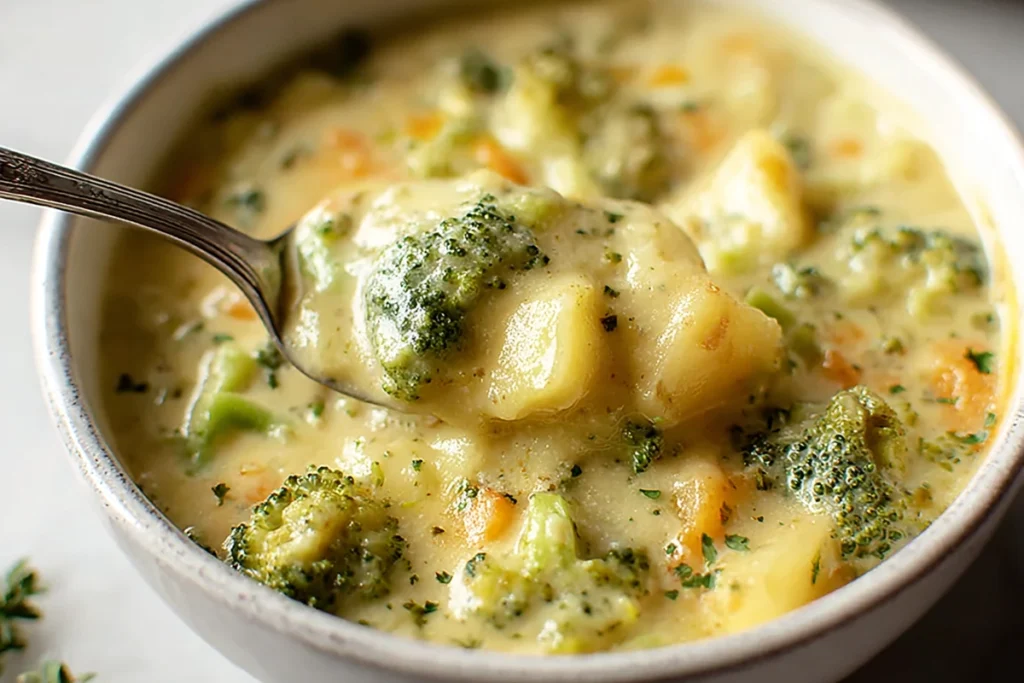 Broccoli Potato Cheese Soup served warm in a bowl with cheddar and broccoli