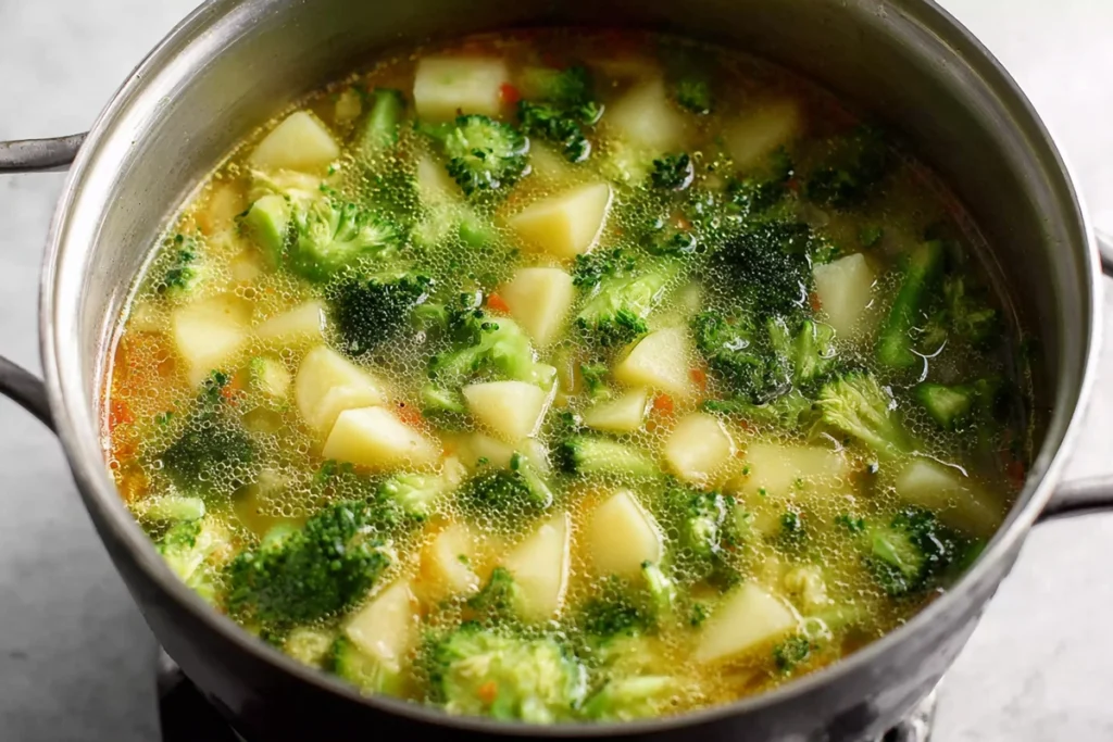 Potatoes and broccoli simmering in Broccoli Potato Cheese Soup