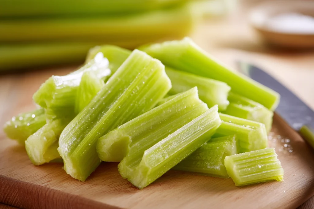 Thinly sliced celery prepared for Celery Salad on a cutting board