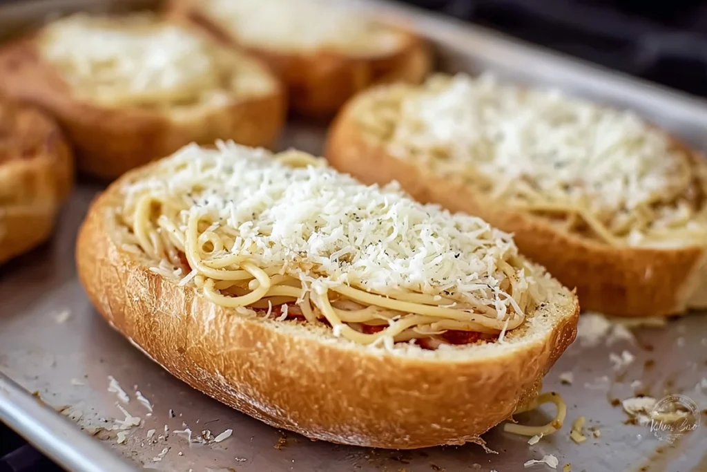 Spaghetti Garlic Bread Bowls assembled and ready for baking