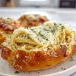 Spaghetti Garlic Bread Bowls served in a crispy garlic bread bowl on a kitchen counter