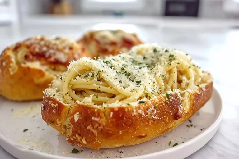Spaghetti Garlic Bread Bowls served in a crispy garlic bread bowl on a kitchen counter