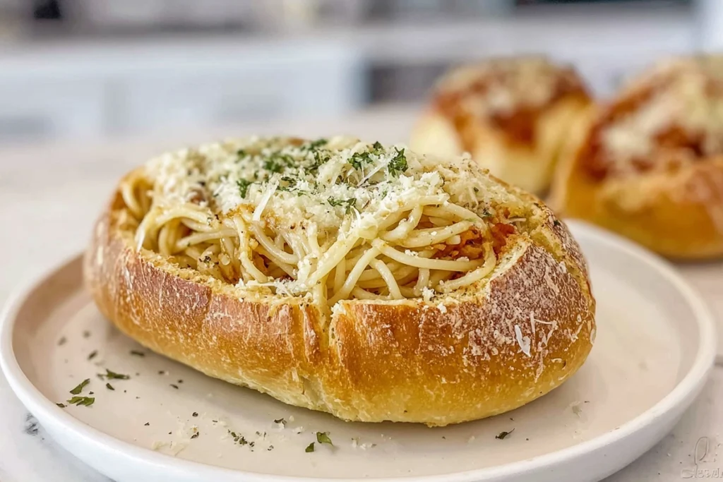Spaghetti Garlic Bread Bowls sliced open and ready to eat