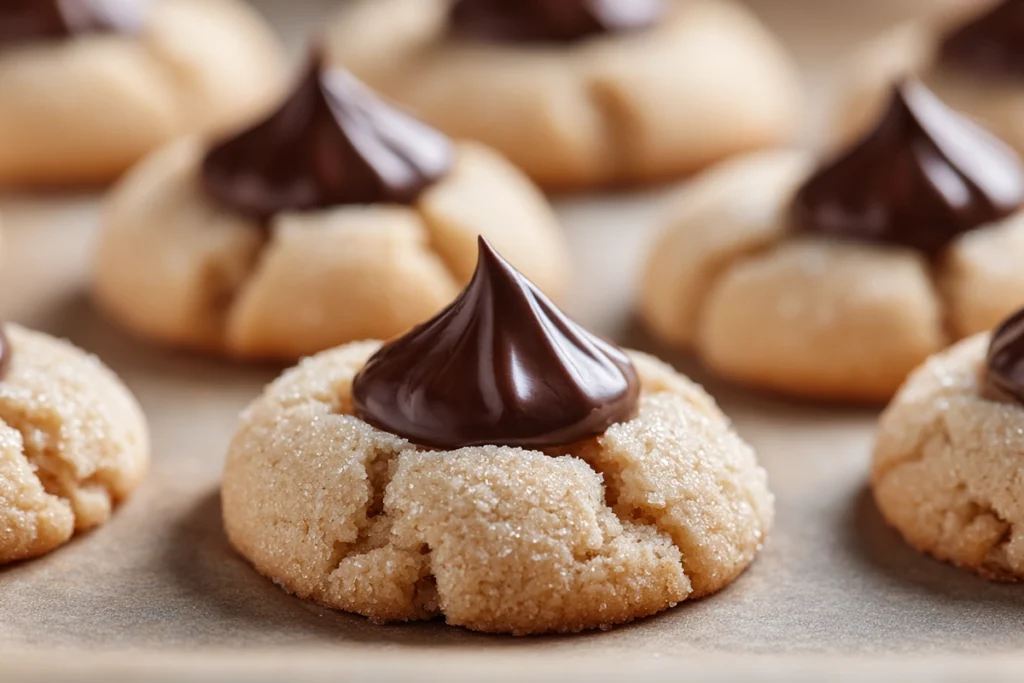 Chocolate kisses pressed into warm Spring Blossom Cookies after baking