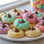 Spring Blossom Cookies on a plate with pastel sanding sugar and chocolate kisses
