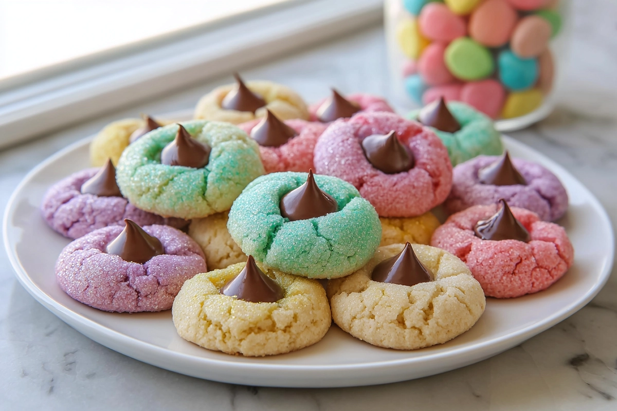Spring Blossom Cookies on a plate with pastel sanding sugar and chocolate kisses