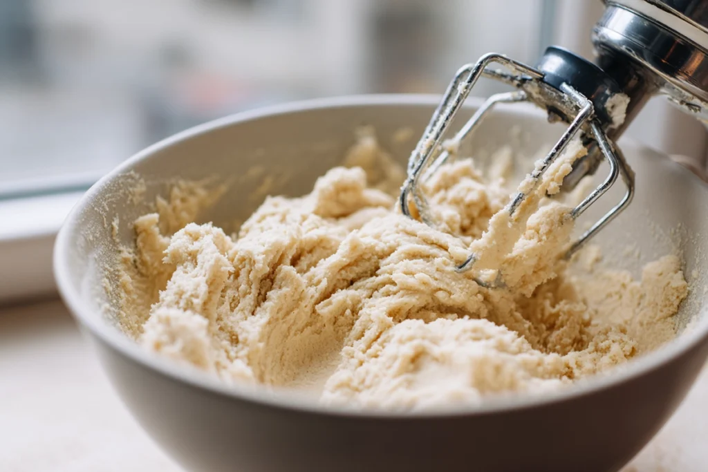 Mixing soft sugar cookie dough for Spring Blossom Cookies