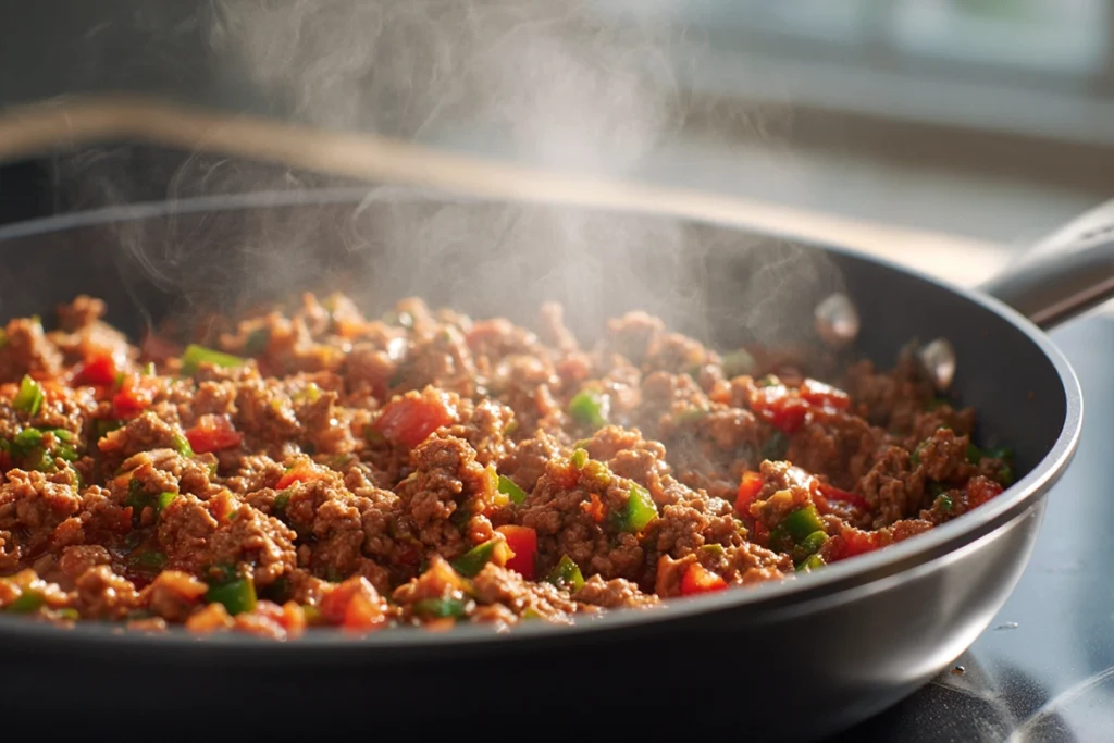 Taco Ranch Bites filling cooking in a skillet with seasoned ground beef