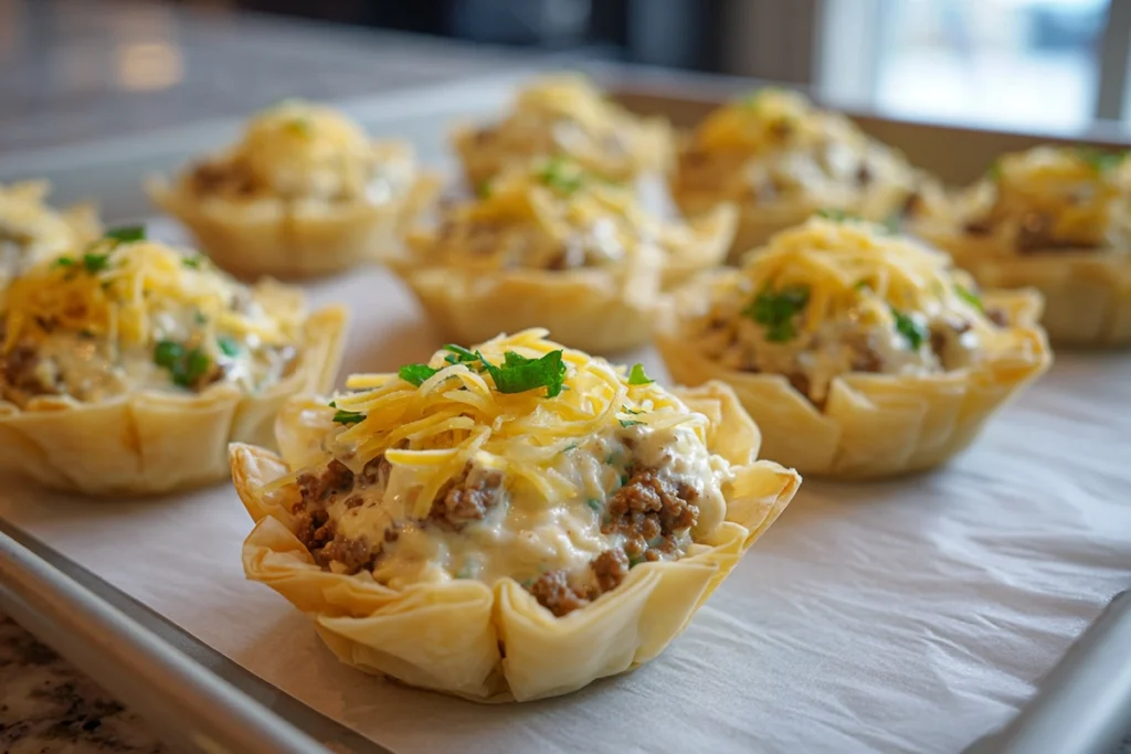 Taco Ranch Bites being assembled by filling phyllo shells with taco mixture