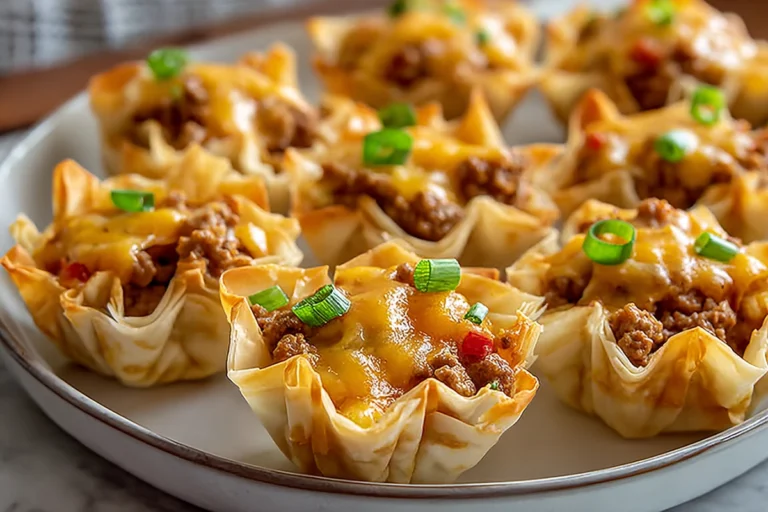 Taco Ranch Bites served warm on a plate with melted cheese and crisp phyllo shells