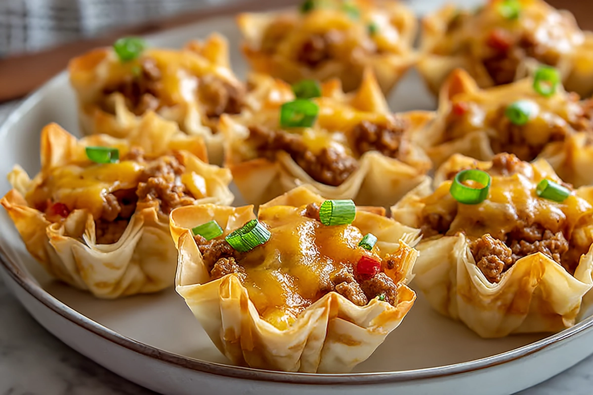 Taco Ranch Bites served warm on a plate with melted cheese and crisp phyllo shells