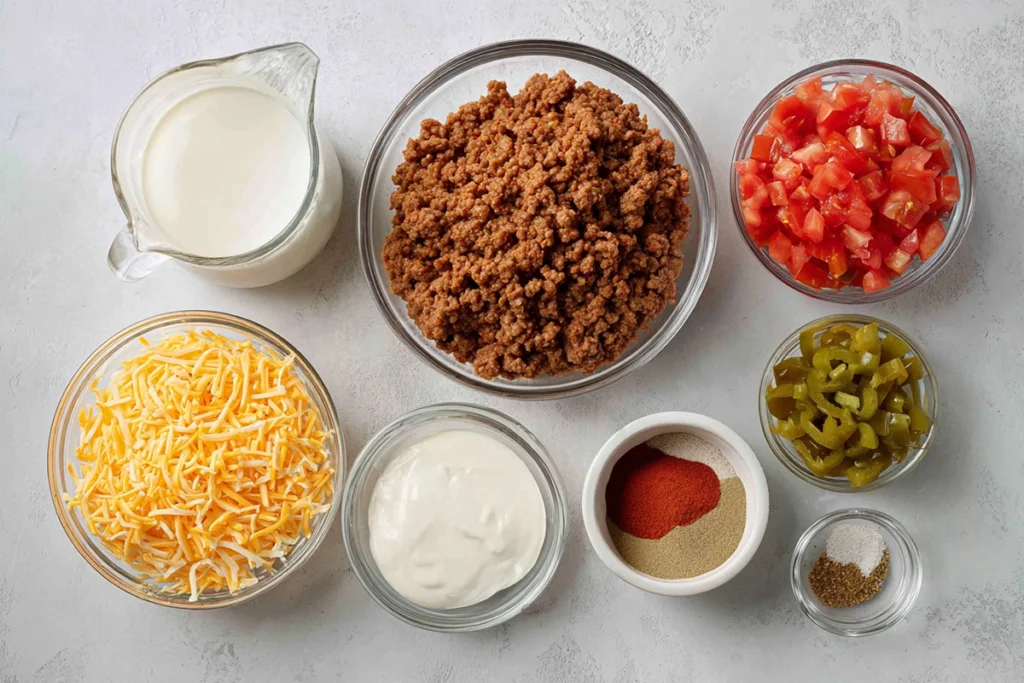 Ingredients for Taco Ranch Bites arranged neatly on a kitchen counter
