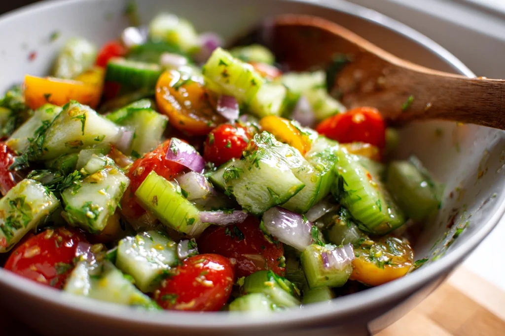Celery Salad being tossed with lemon olive oil dressing in a mixing bowl