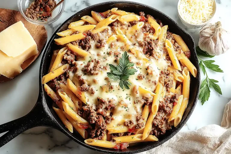 Chef Taha Ayad's Recipe Cheesy Penne with Garlic Butter Ground Beef