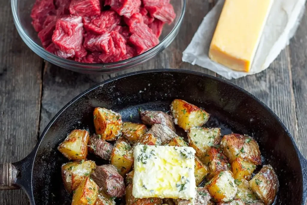 Garlic Butter Steak Bites and Potatoes in One Cast Iron Skillet 15 Browned potatoes cooking in garlic butter for garlic butter steak bites and potatoes
