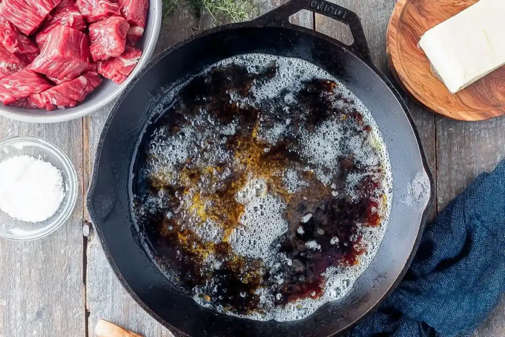 Garlic Butter Steak Bites and Potatoes in One Cast Iron Skillet 13 Olive oil and garlic butter melting in a skillet for garlic butter steak bites and potatoes